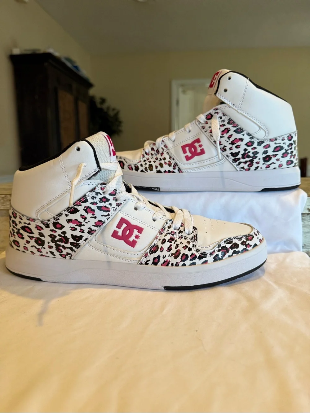 DC Cure Hi White High-Top Sneakers with Pink Leopard Accents